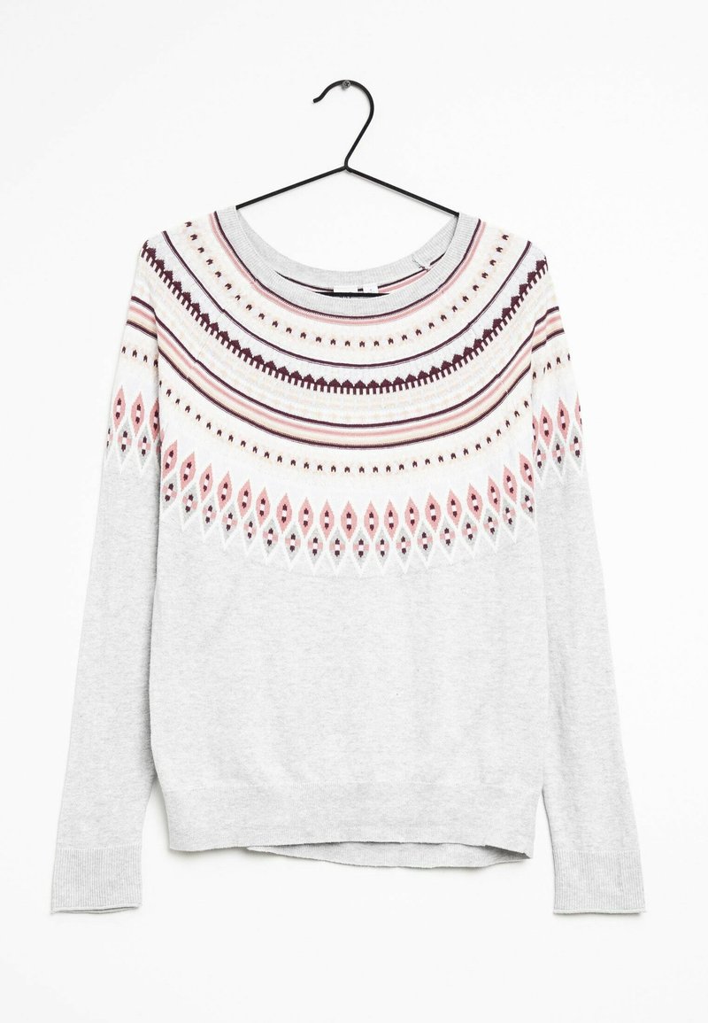 Maglione grigio chiaro con maniche lunghe, caratterizzato da un motivo decorativo a yoke in colori viola, rosa e crema. Collo rotondo e polsini a costine.