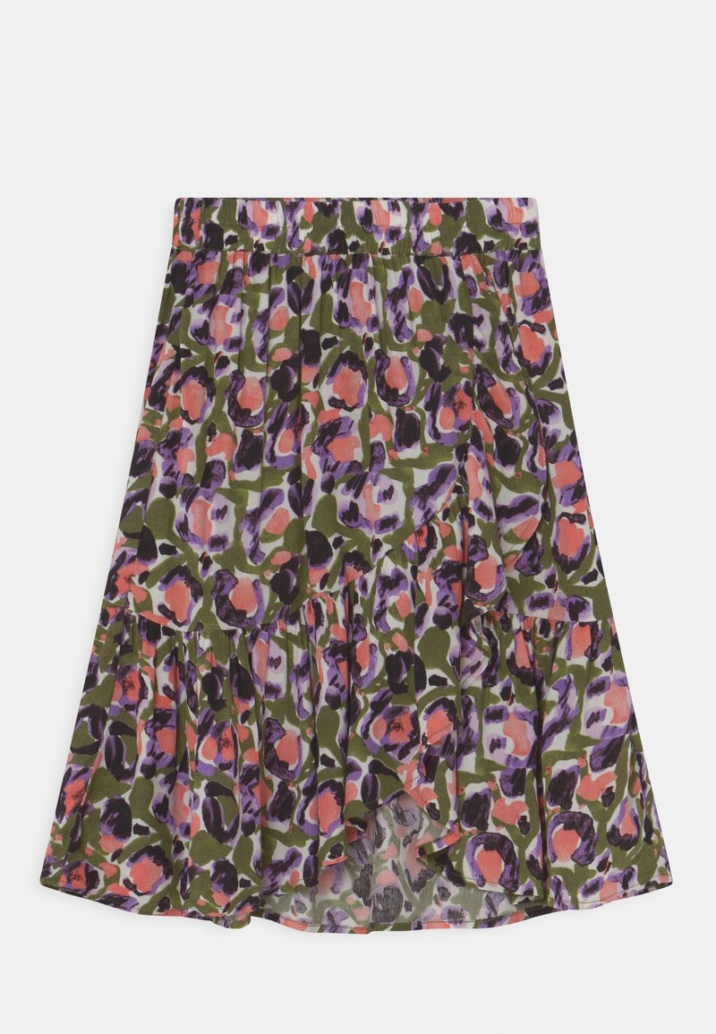 Jupe à motif floral avec une ceinture élastique, présentant des formes abstraites vertes, violettes, noires et corail sur un tissu léger.