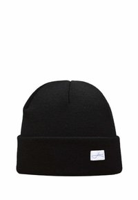 Black knit beanie with a foldable cuff, made of soft material. Features a small white label with blue text on the front.