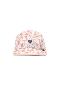 Cap made of lightweight fabric with a cream base and pink abstract lettering pattern. Features a plain pink brim and a logo tag on the front.