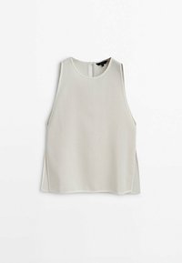 Haut sans manches gris clair en tissu côtelé texturé, avec des fentes sur les côtés et un col rond. Fermeture au dos avec une petite bride.