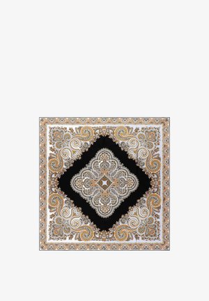 Square scarf with intricate paisley and floral patterns in black, white, orange, and brown tones, featuring symmetrical ornamental design.