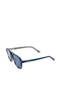 Gafas de sol azul marino con lentes oscuros, montura cuadrada y acentos dorados en las patillas. Cuenta con la marca "KORÖSHI" en blanco en el lateral.