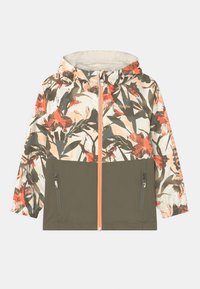 Blommönstrad lättviktsjacka med en grön nederdel, orange dragkedja och huva. Har sidofickor och elastiska ärmslut.