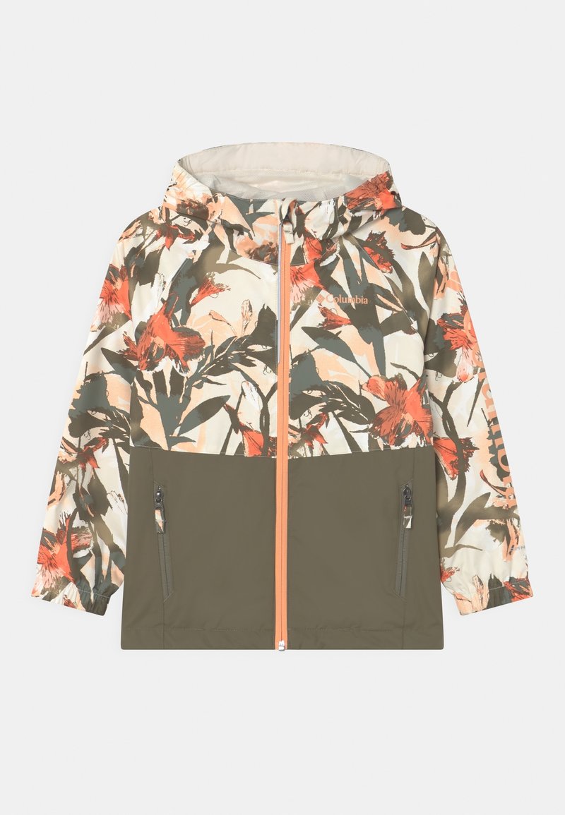 Blommönstrad lättviktsjacka med en grön nederdel, orange dragkedja och huva. Har sidofickor och elastiska ärmslut.