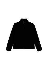 Giacca in pile nera a zip completa con maniche lunghe e colletto alto, mostrata appiattita su uno sfondo bianco.