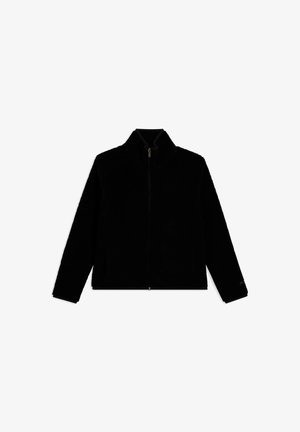 Giacca in pile nera a zip completa con maniche lunghe e colletto alto, mostrata appiattita su uno sfondo bianco.