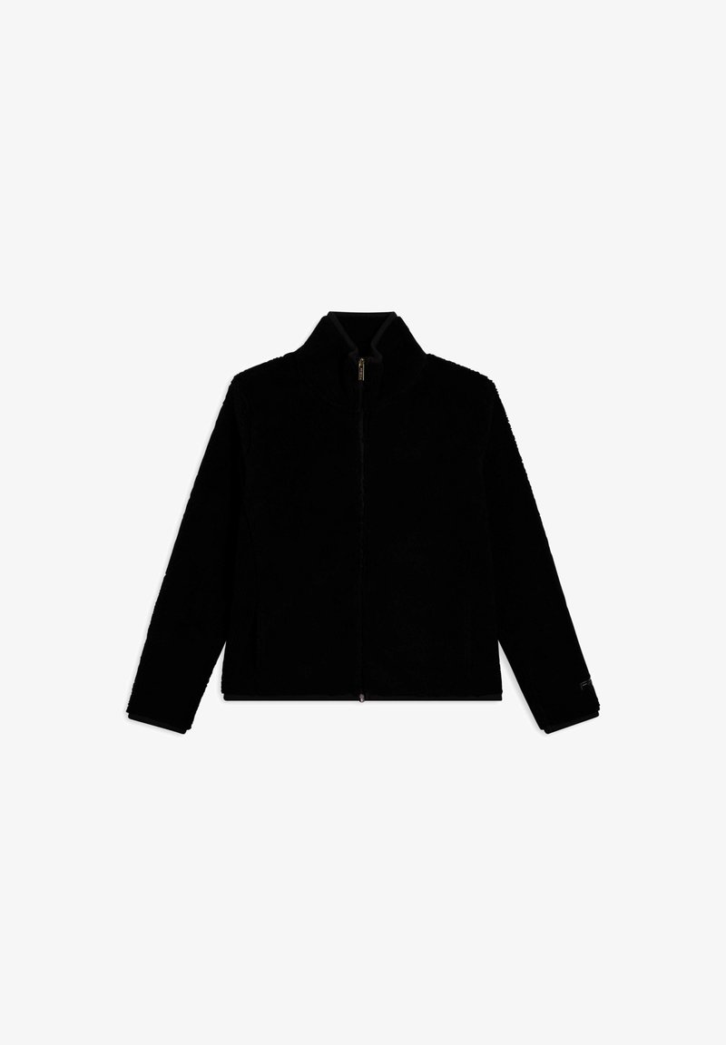 Giacca in pile nera a zip completa con maniche lunghe e colletto alto, mostrata appiattita su uno sfondo bianco.