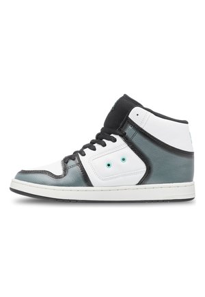 High-top sneaker featuring a black and teal leather upper, white side panel, black laces, and a white rubber sole. Two eyelet accents.