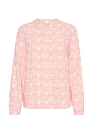 Lange blouse met lange mouwen in lichtroze met een bloemenpatroon. Gemaakt van zachte stof, met een ronde halslijn en knopen sluiting aan de voorkant.