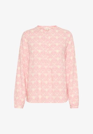 Bluzica s dolgimi rokavi v svetlo rožnati barvi z rožnatim vzorcem. Narejena je iz mehke tkanine, ima okrogel izrez in gumbasto zapiranje spredaj.