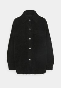 Svart fleecejacka med knappsydd front, två bröstfickor och krage. Mjuk textur och avslappnad passform, designad för komfort.