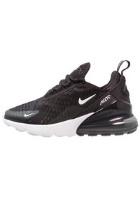 Nike Air Max 270 sneaker features a black mesh upper, white rubber sole, and black heel, with a signature logo on the side and tongue.