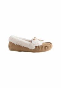 Light brown moccasin slipper with white fluffy lining and bow detail on top, flat sole, and stitched edges.