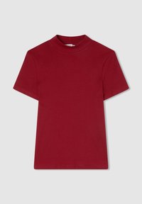 Top rosso a maniche corte con colletto alto. Texture liscia con una silhouette aderente. Nessun motivo o dettaglio visibile.