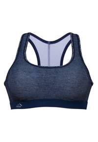Blå sportbh med et struktureret denim-lignende stof, mesh racerback og en kontrasterende mørkeblå kant. Har brandlogoet nær bunden.