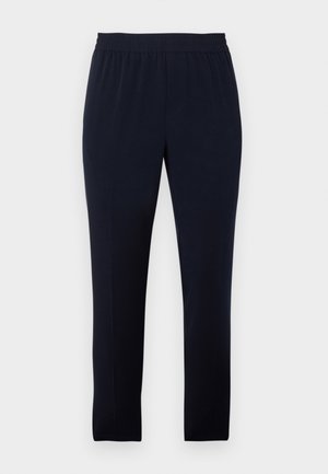 Mørkeblå bukser laget av mykt stoff, med elastisk midje, slim fit og rett ben-design uten lommer eller pynt.