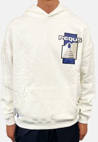 White hoodie with a front pocket, ribbed cuffs, and a graphic print featuring geometric shapes and the text "PEQUS" in blue and black accents.