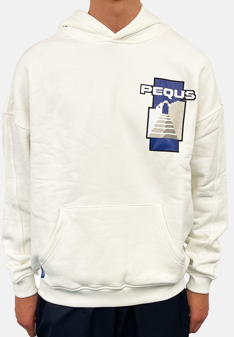 White hoodie with a front pocket, ribbed cuffs, and a graphic print featuring geometric shapes and the text "PEQUS" in blue and black accents.