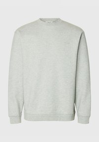 Sweat-shirt gris clair à col ras du cou, manches longues, poignets et ourlet côtelés, uni avec une broderie de logo discrète sur la poitrine.