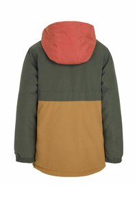 Giacca colorata con una parte superiore verde, una parte inferiore marrone e un cappuccio rosso. Include polsini elasticizzati e un orlo con cordino.