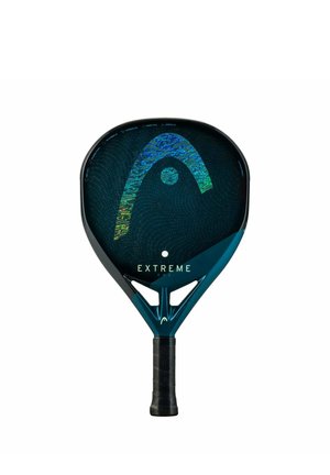 Raquette de padel avec grip noir, cadre bleu sarcelle et logo holographique, étiquetée « EXTREME ONE » sur la face.