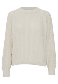 Un pull en tricot couleur crème avec un motif texturé, un col rond et des poignets et un ourlet côtelés. Il présente des manches raglan pour plus de confort.