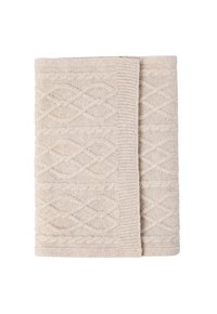 Manta de punto en beige claro, con un patrón de diamantes y acentos texturizados. Material suave con un borde doblado para un acabado limpio.