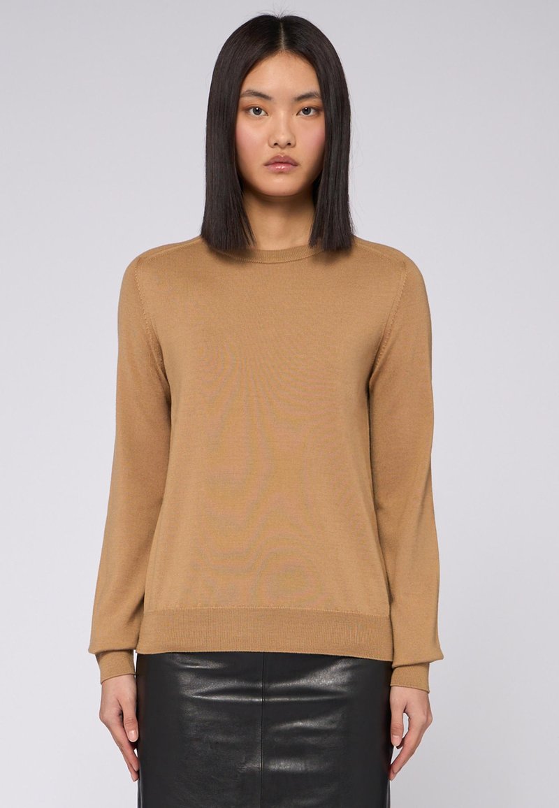 Hellbrauner Pullover aus weichem Stoff, mit Rundhalsausschnitt, langen Ärmeln und schmalem Saum. Glatte Textur mit minimalistischer Gestaltung.