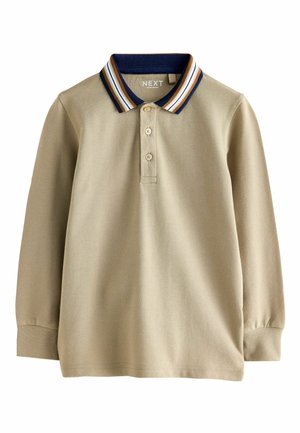 Beige Langarm-Polohemd mit einem dunkelblauen, gestreiften Kragen, einer Dreiknopf-Leiste und gerippten Bündchen. Aus strukturiertem Baumwollmaterial gefertigt.