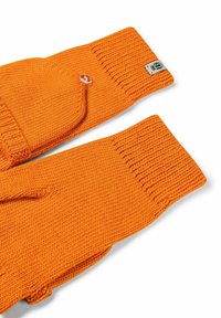 Knitted orange gloves featuring a fingerless design, ribbed cuffs, and a small logo tag. Texture is soft, with even stitching throughout.