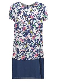 Robe à manches courtes avec haut blanc orné d'un motif floral et d'oiseaux bleu marine, rose et vert, associée à une jupe unie bleu marine.