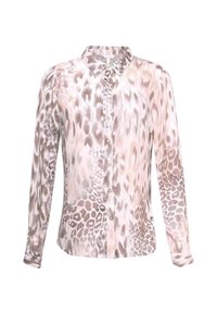 Camicia a maniche lunghe con bottoni in una stampa leopardata beige e rosa chiaro, con colletto classico e un tessuto leggero, leggermente trasparente.
