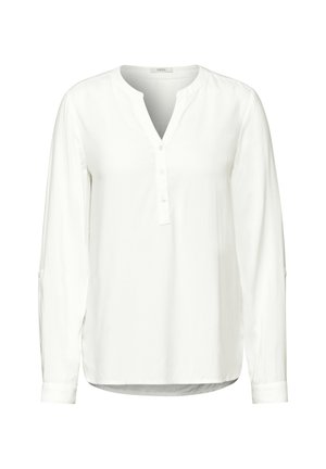 Witte blouse met lange mouwen, een notch-kraag, knoopsluiting en knoopaccenten op de mouwen. Glad materiaal en een afgeronde zoom.