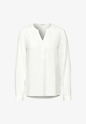 Witte blouse met lange mouwen, een notch-kraag, knoopsluiting en knoopaccenten op de mouwen. Glad materiaal en een afgeronde zoom.