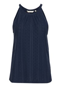 Marinblå ärmlös halterneck-top med ögla-spetsmönster och rynkad halsringning.