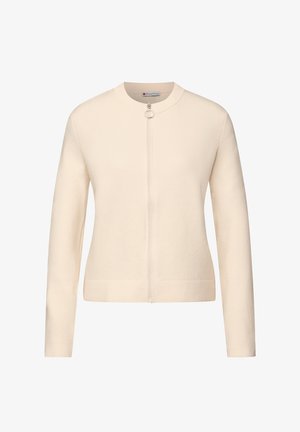 Hellbeige Strickjacke aus weichem Stoff mit rundem Ausschnitt, langen Ärmeln und einem Frontreißverschluss mit rundem Zuggriff.