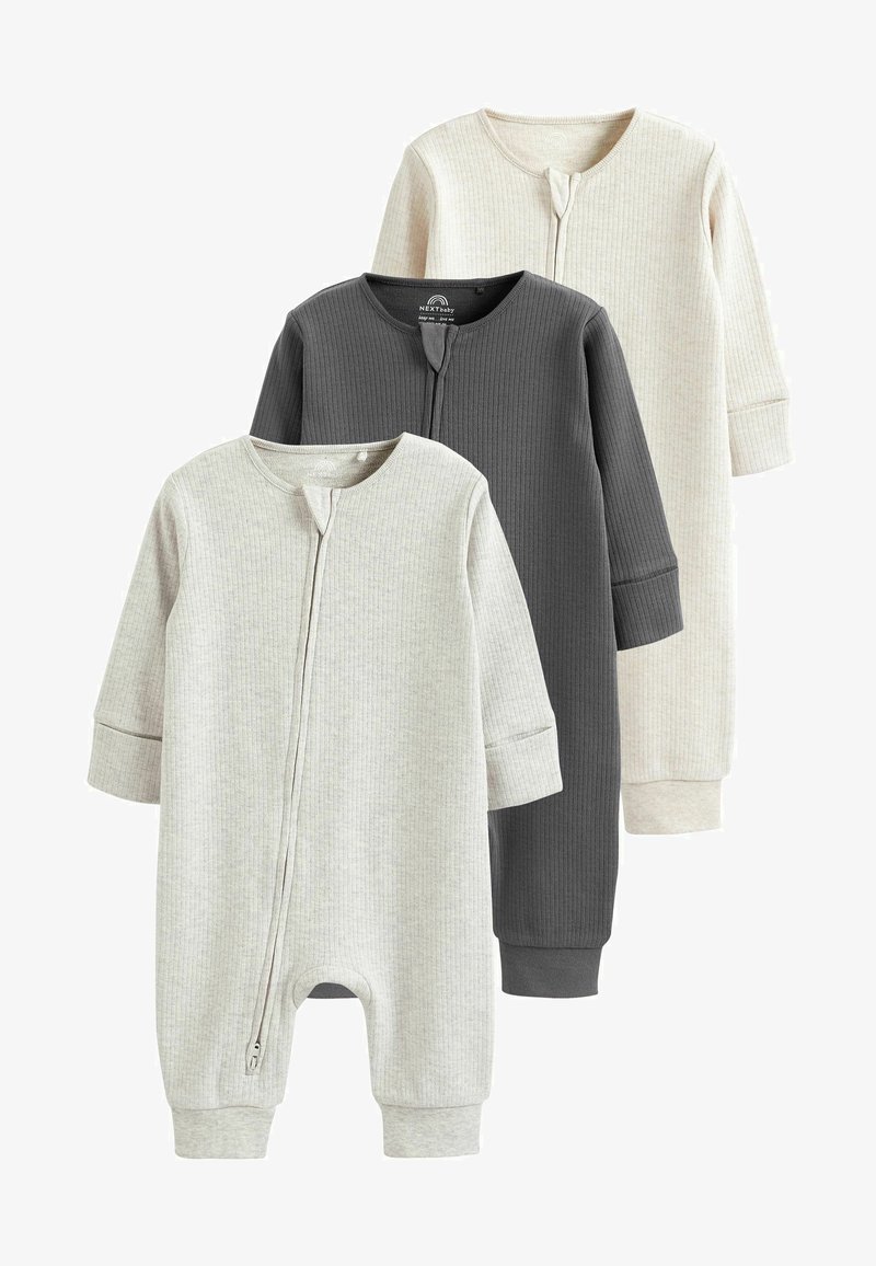 Trois tenues intégrales côtelées en gris clair, gris foncé et beige, avec des manches longues, une fermeture éclair et un col rond.
