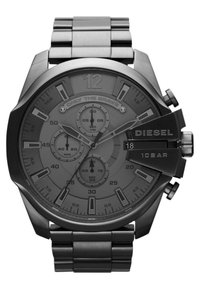 Black stainless steel watch with a chunky case, chronograph dials, and a linked bracelet. Features gray dial with bold hour markers and Arabic numerals.
