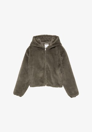 Veste à capuche en fausse fourrure vert olive avec une texture douce, manches longues et capuche. Dispose d'une fermeture éclair devant et d'une coupe courte.