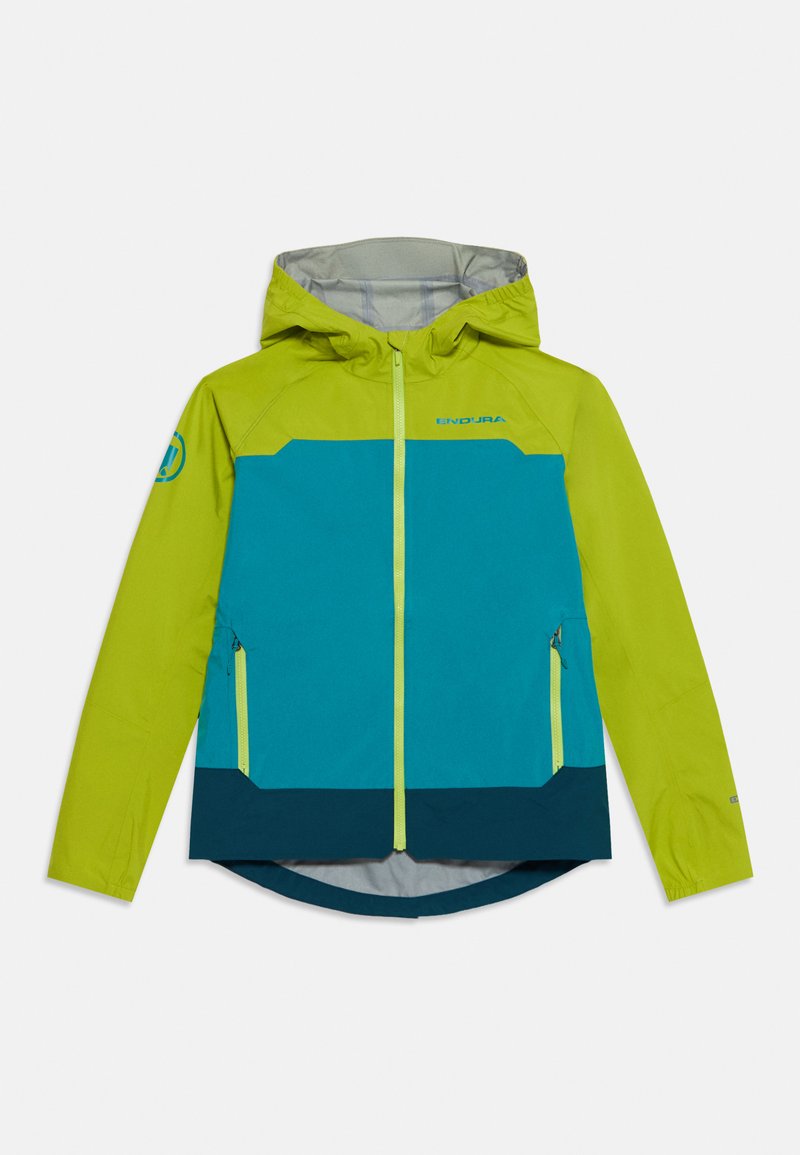 Color-blocked jacket in vibrant lime green, turquoise, and dark blue. Features a hood, full front zipper, and two side pockets. Lightweight material.