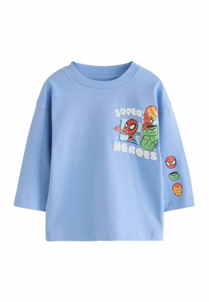 Light blue, short-sleeve cotton T-shirt featuring colorful superhero graphics and text "SUPER HEROES" on the front and character faces on the sleeve.