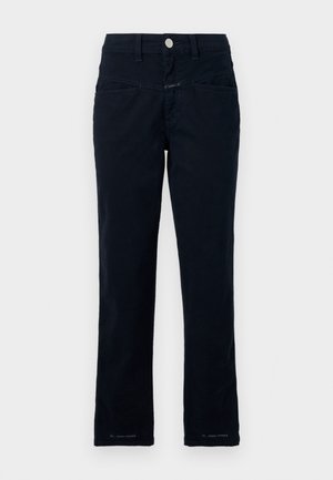 Mørkeblå bukser laget av stretchbomull med rett ben-design, frontlommer og knappelukking i livet.