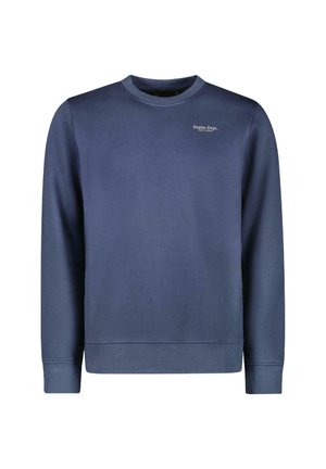 Marineblauwe sweatshirt met lange mouwen en ronde hals, voorzien van een kleine logo tekst aan de bovenlinkerkant. Eenvoudig en casual ontwerp.