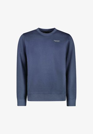 Marineblauwe sweatshirt met lange mouwen en ronde hals, voorzien van een kleine logo tekst aan de bovenlinkerkant. Eenvoudig en casual ontwerp.