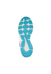 Lichte sportieve schoenzool met een gestructureerde witte basis en een levendige turquoise buitenzool met multidirectionele tractiepatronen.