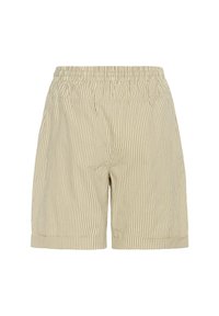Shorts beige et blanc à rayures verticales avec taille élastique, ourlet droit et coupe décontractée.