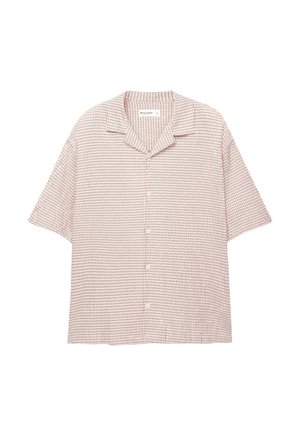 Kratký rukáv košile světle hnědé a krémové kostkované vzory, s límcem a pěti předními knoflíky, vyrobená z lehké tkaniny.