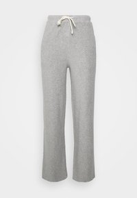 Light gray fleece sweatpants with a wide leg, elastic waistband, and white drawstring tie at the front.