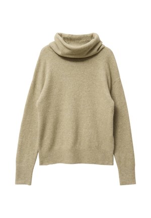 Hellolivfarbener Rollkragenpullover aus weichem Strickstoff. Merkmale sind eine lockere Passform, gerippter Kragen und Bündchen sowie ein gerader Saum auf Taillenhöhe.